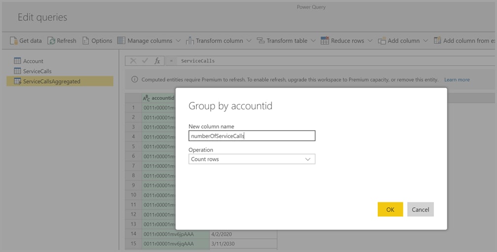 Power BI ETL: Grouping Entities by accountid.